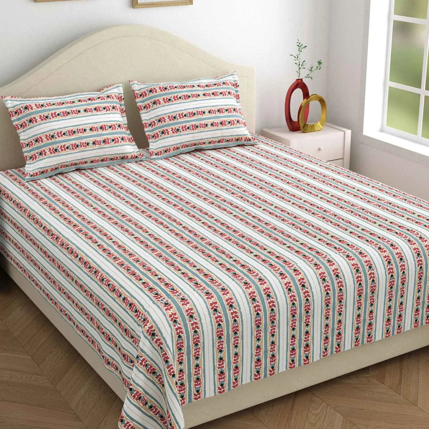 Dream Weaverz Cotton Super King Flat 220 TC Abstract 1 Bedsheet with 2 Pillow Covers (Multicolor)