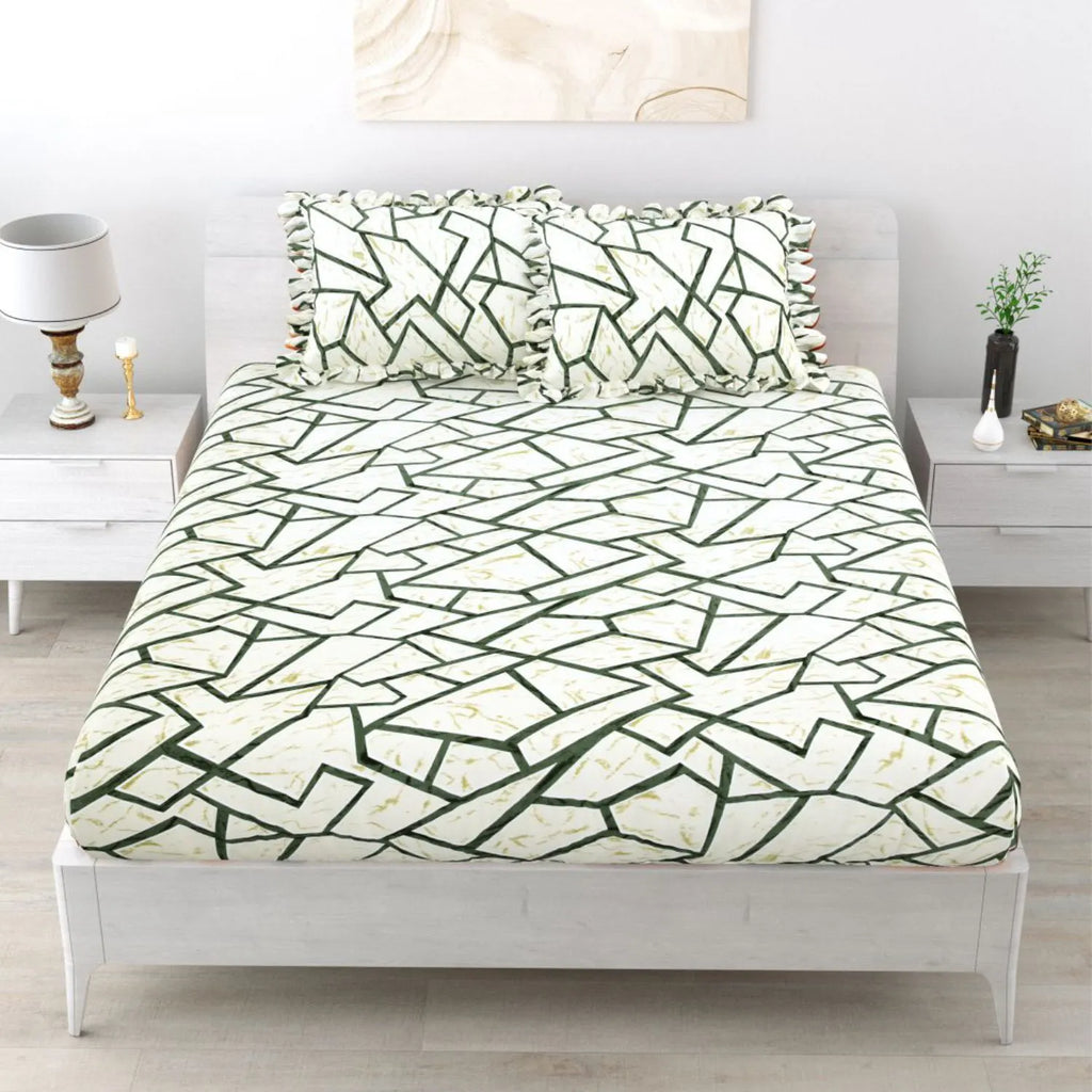 Dream Weaverz Polycotton King Fitted (Elastic) 260 TC Abstract 1 Bedsheet with 2 Pillow Covers (Cream-Green)