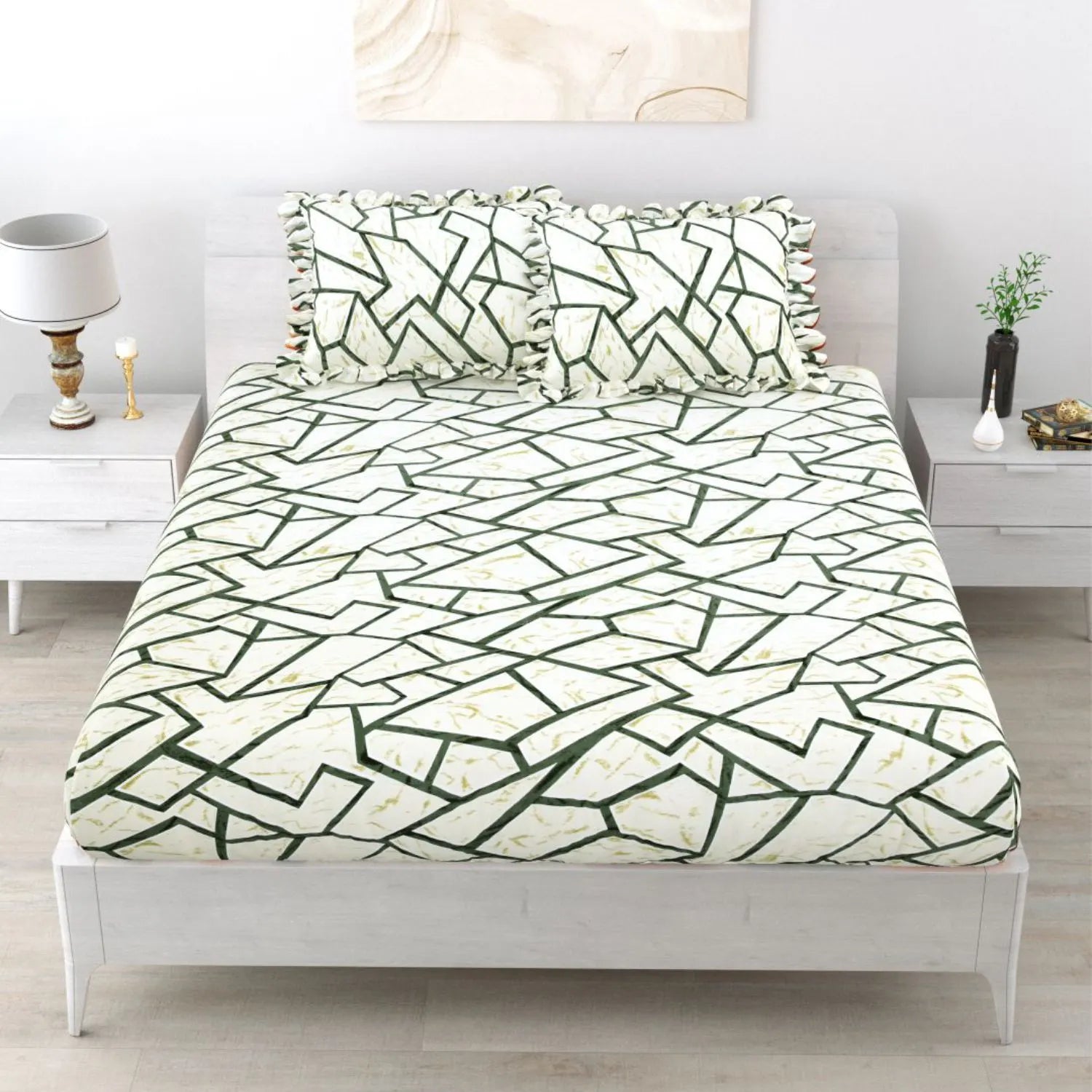 Dream Weaverz Polycotton King Fitted (Elastic) 260 TC Abstract 1 Bedsheet with 2 Pillow Covers (Cream-Green)