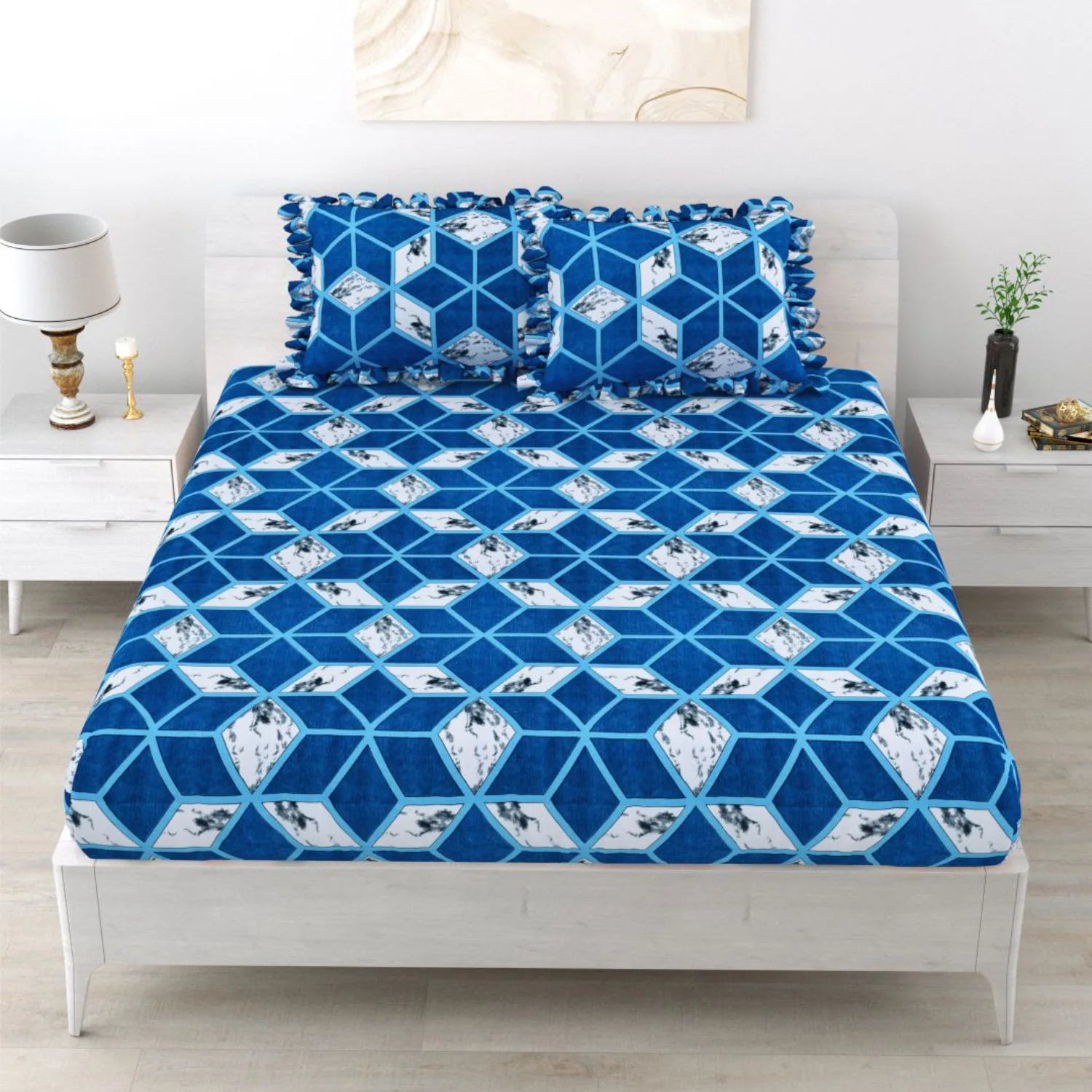 Dream Weaverz Polycotton King Fitted (Elastic) 260 TC Abstract 1 Bedsheet with 2 Pillow Covers (Blue-White)