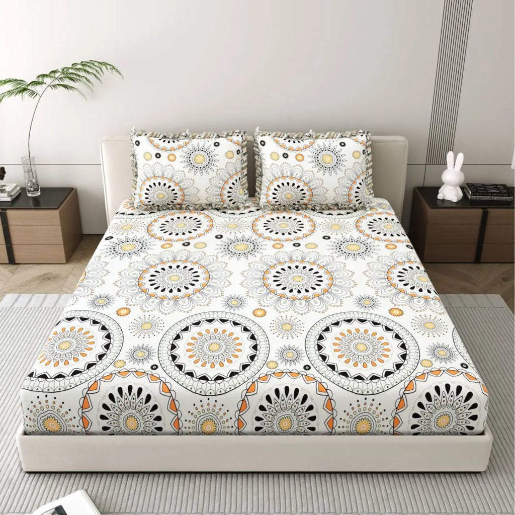 Dream Weaverz Polycotton King Fitted (Elastic) 260 TC Abstract 1 Bedsheet with 2 Pillow Covers (Off white)