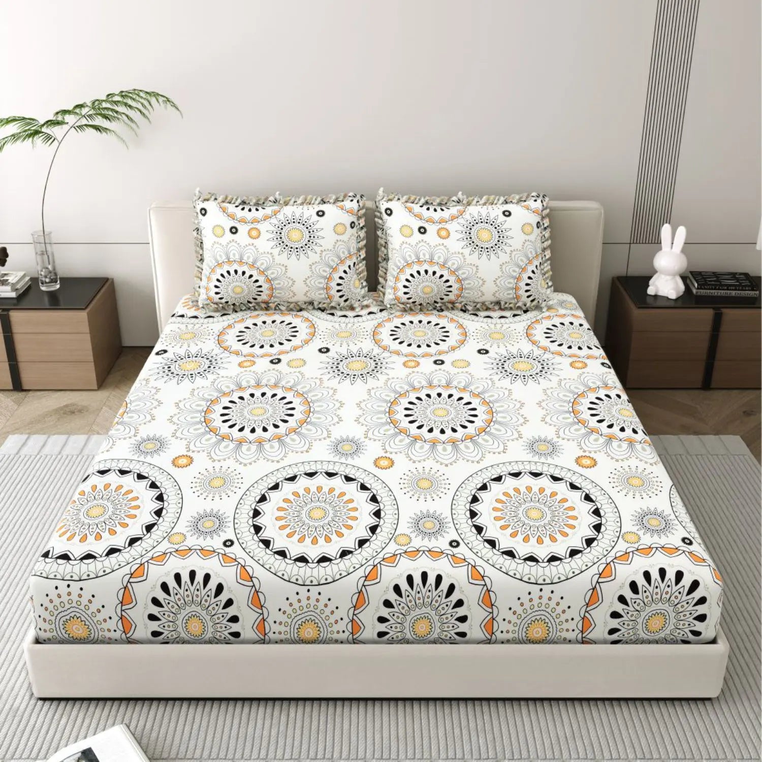 Dream Weaverz Polycotton King Fitted (Elastic) 260 TC Abstract 1 Bedsheet with 2 Pillow Covers (Off white)