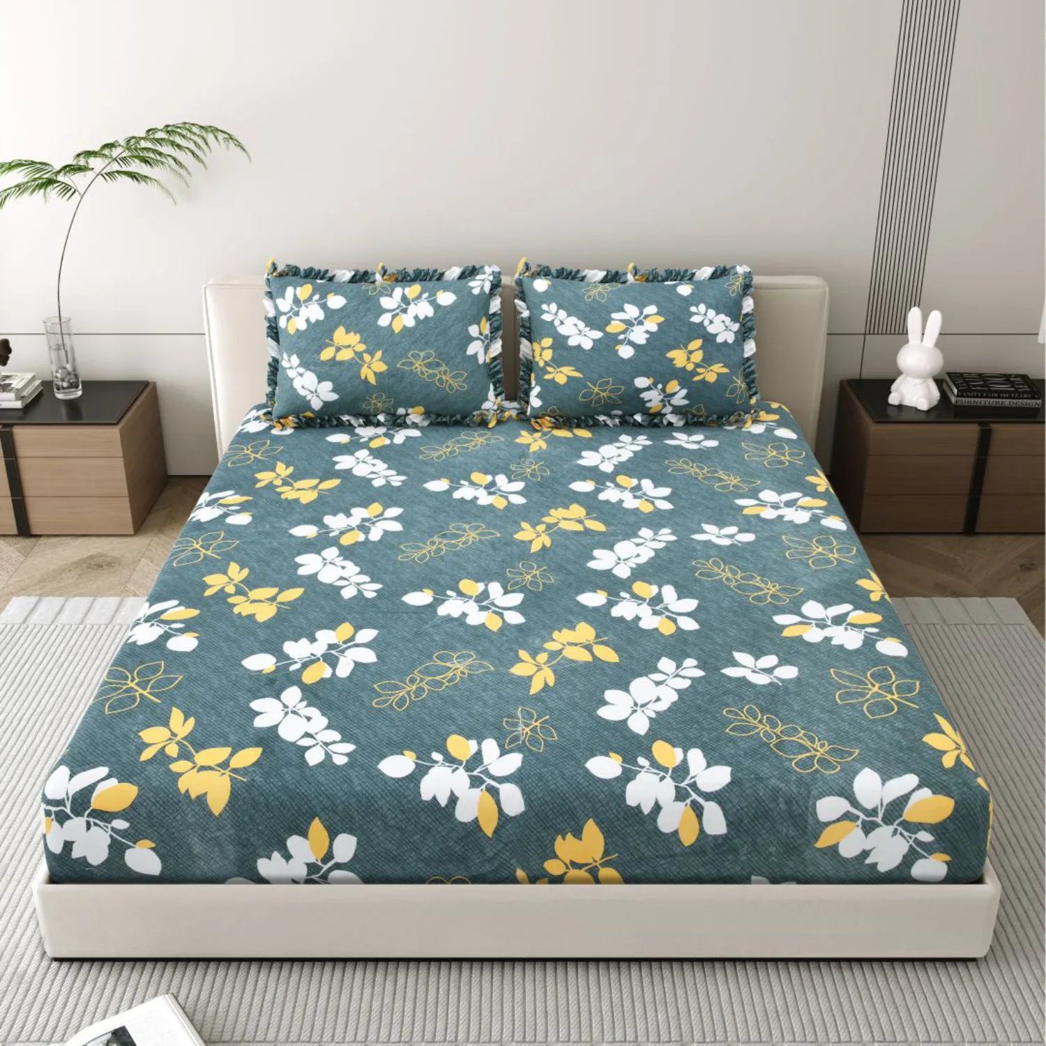 Dream Weaverz Polycotton King Fitted (Elastic) 260 TC Floral 1 Bedsheet with 2 Pillow Covers (Dark Green-White)