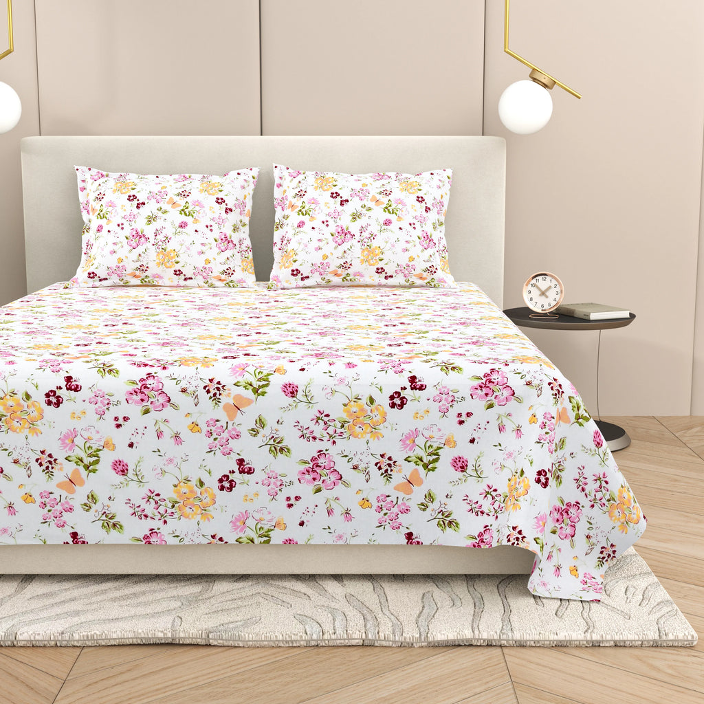 Dream Weaverz Cotton Super King Flat 220 TC Floral 1 Bedsheet with 2 Pillow Covers (White-Pink)