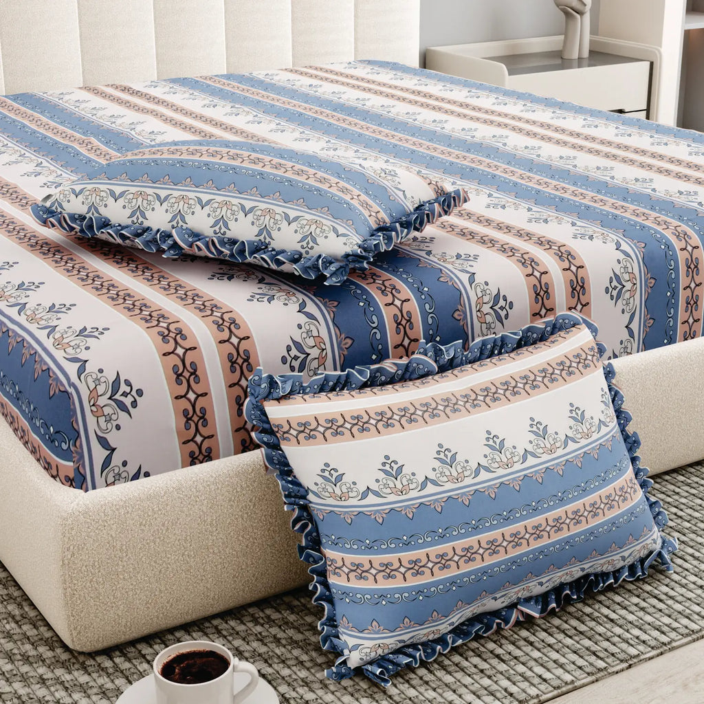 Dream Weaverz Polycotton King Fitted (Elastic) 260 TC Floral 1 Bedsheet with 2 Pillow Covers (Beige-Blue)