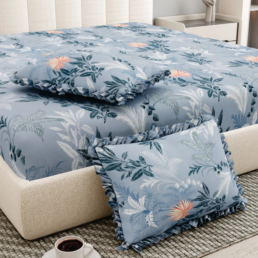 Dream Weaverz Polycotton King Fitted (Elastic) 260 TC Floral 1 Bedsheet with 2 Pillow Covers (Dark Grey-Orange)
