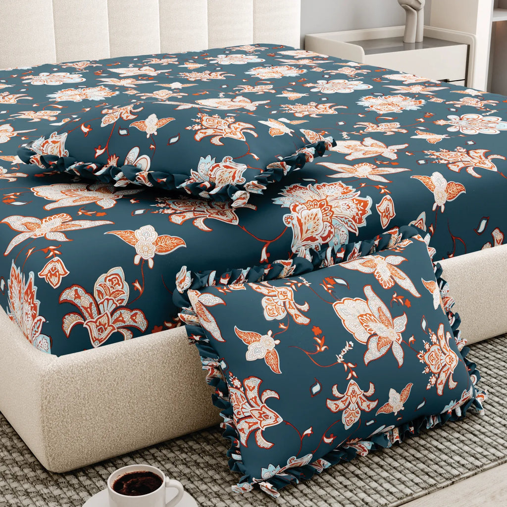 Dream Weaverz Polycotton King Fitted (Elastic) 260 TC Floral 1 Bedsheet with 2 Pillow Covers (Dark Green -Beige)