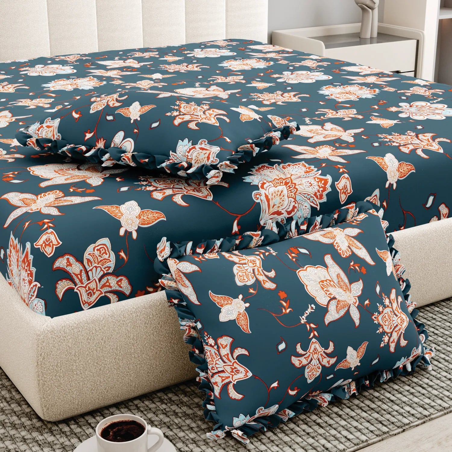 Dream Weaverz Polycotton King Fitted (Elastic) 260 TC Floral 1 Bedsheet with 2 Pillow Covers (Dark Green -Beige)