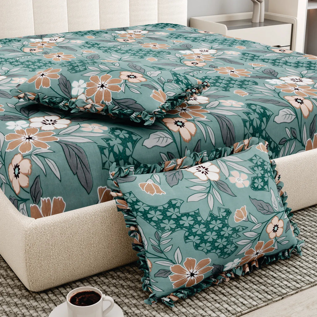 Dream Weaverz Polycotton King Fitted (Elastic) 260 TC Floral 1 Bedsheet (Green-Brown)