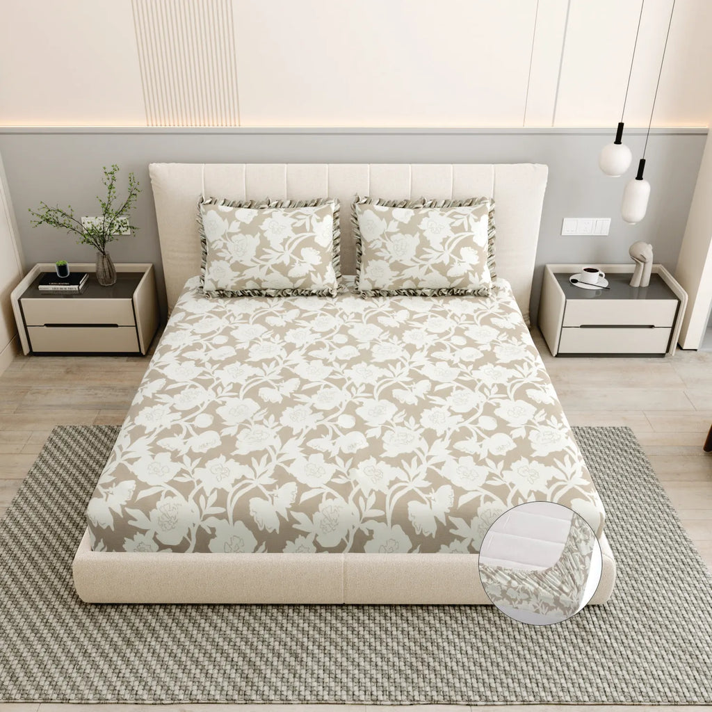 Dream Weaverz Polycotton King Fitted (Elastic) 260 TC Floral 1 Bedsheet (Beige-White)
