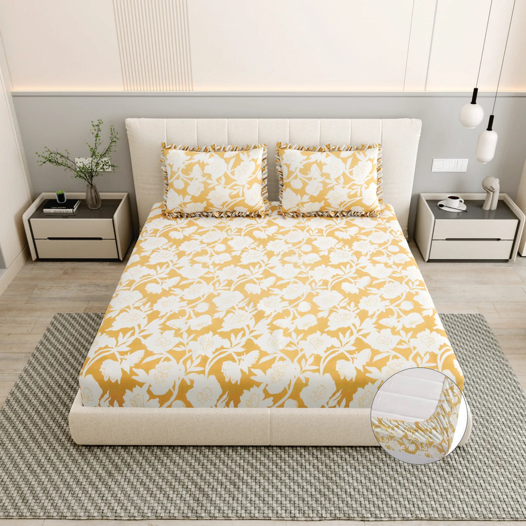 Dream Weaverz Polycotton King Fitted (Elastic) 260 TC Floral 1 Bedsheet (Yellow)