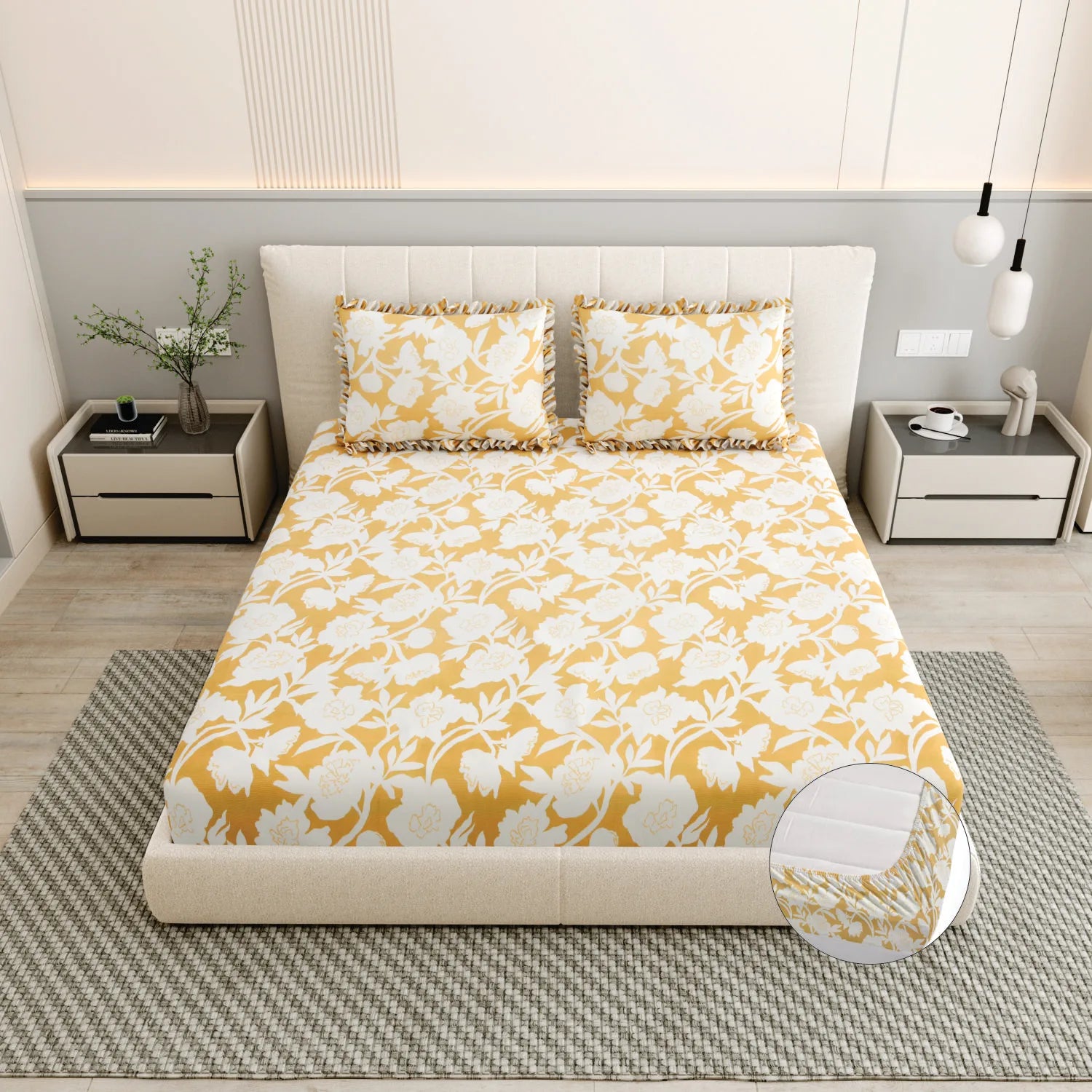 Dream Weaverz Polycotton King Fitted (Elastic) 260 TC Floral 1 Bedsheet (Yellow)
