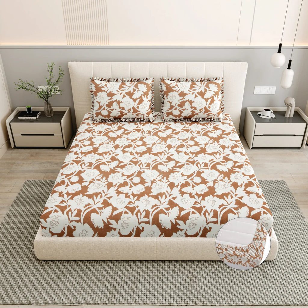Dream Weaverz Polycotton King Fitted (Elastic) 260 TC Floral 1 Bedsheet (Brown-White)