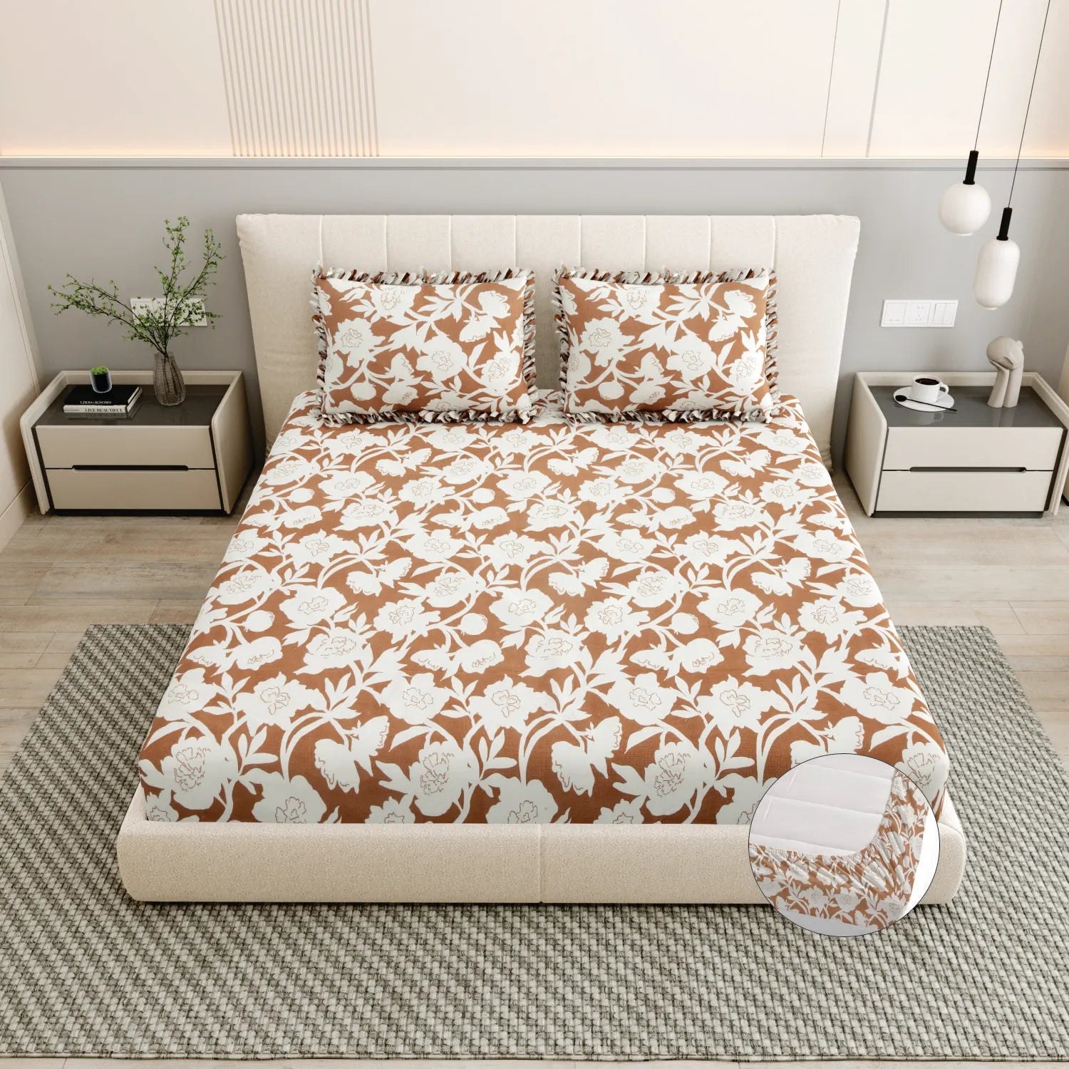 Dream Weaverz Polycotton King Fitted (Elastic) 260 TC Floral 1 Bedsheet (Brown-White)