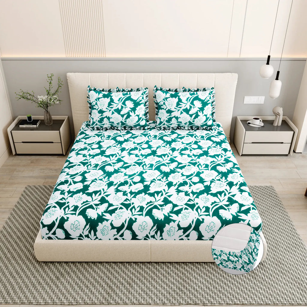 Dream Weaverz Polycotton King Fitted (Elastic) 260 TC Floral 1 Bedsheet (Green-White)