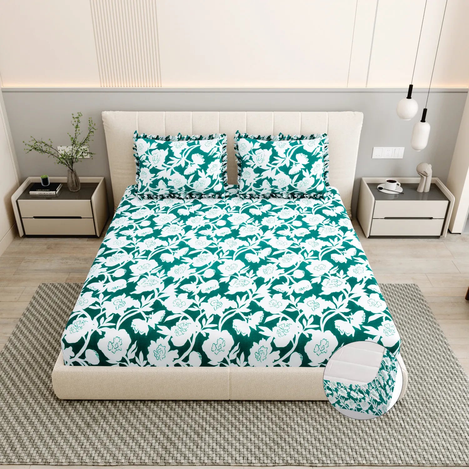 Dream Weaverz Polycotton King Fitted (Elastic) 260 TC Floral 1 Bedsheet (Green-White)