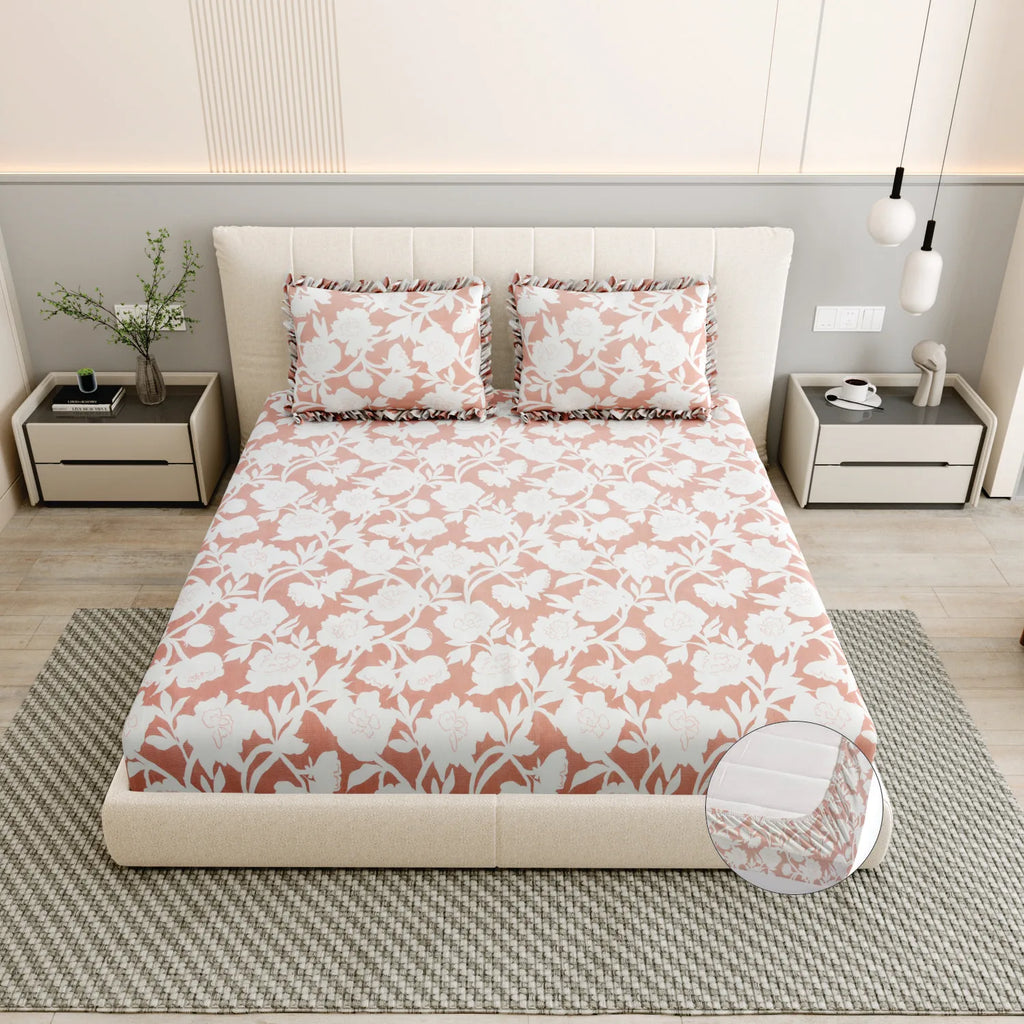 Dream Weaverz Polycotton King Fitted (Elastic) 260 TC Floral 1 Bedsheet (Peach-White)