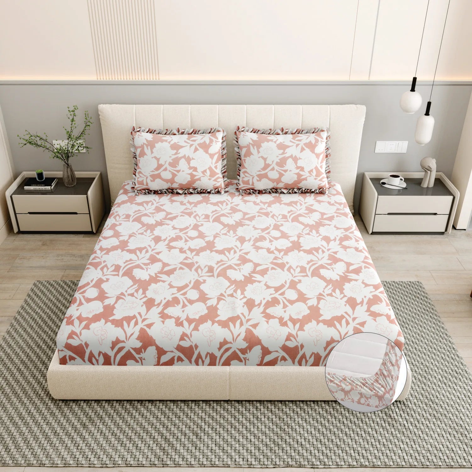 Dream Weaverz Polycotton King Fitted (Elastic) 260 TC Floral 1 Bedsheet (Peach-White)