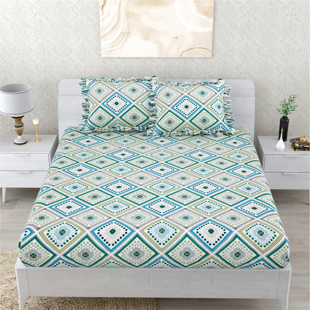 Dream Weaverz Polycotton Double Fitted (Elastic) 260 TC Abstract 1 Bedsheet with 2 Pillow Covers (Multicolor)