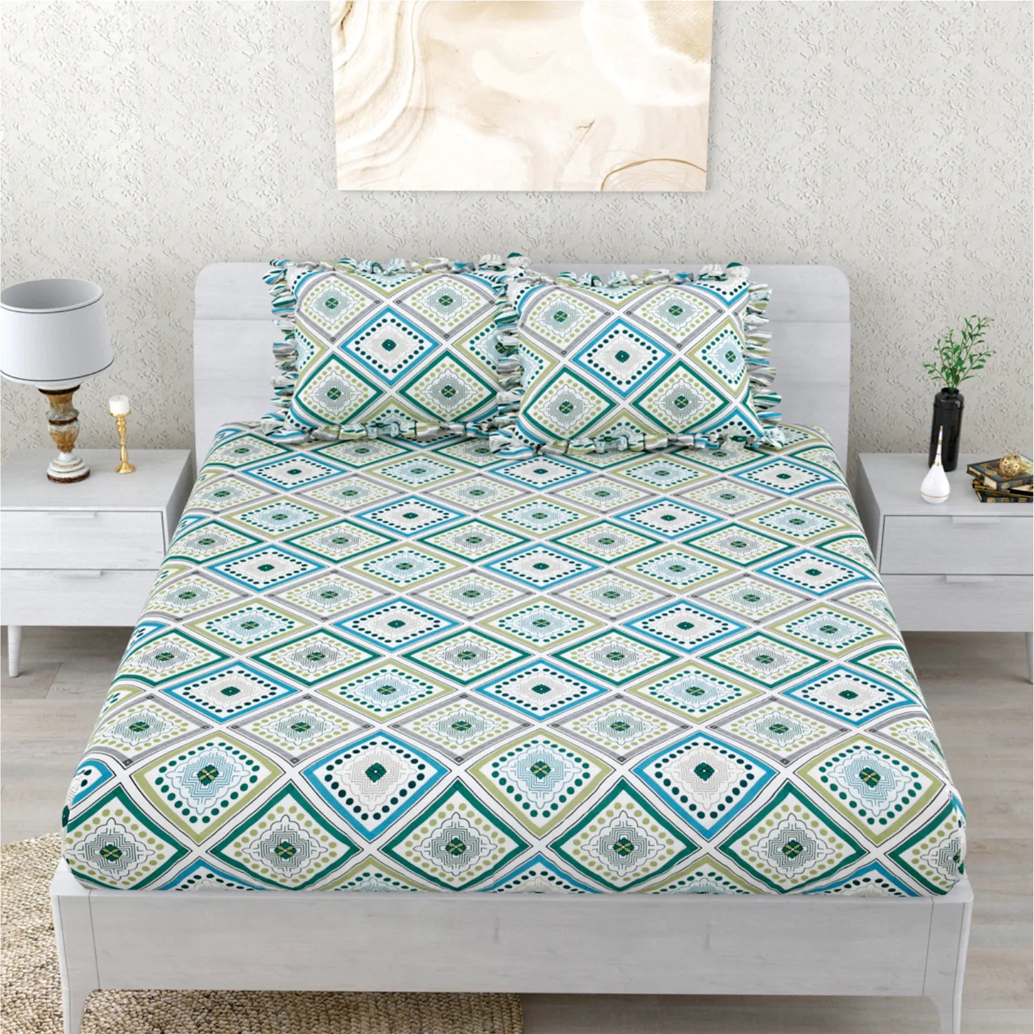 Dream Weaverz Polycotton Double Fitted (Elastic) 260 TC Abstract 1 Bedsheet with 2 Pillow Covers (Multicolor)