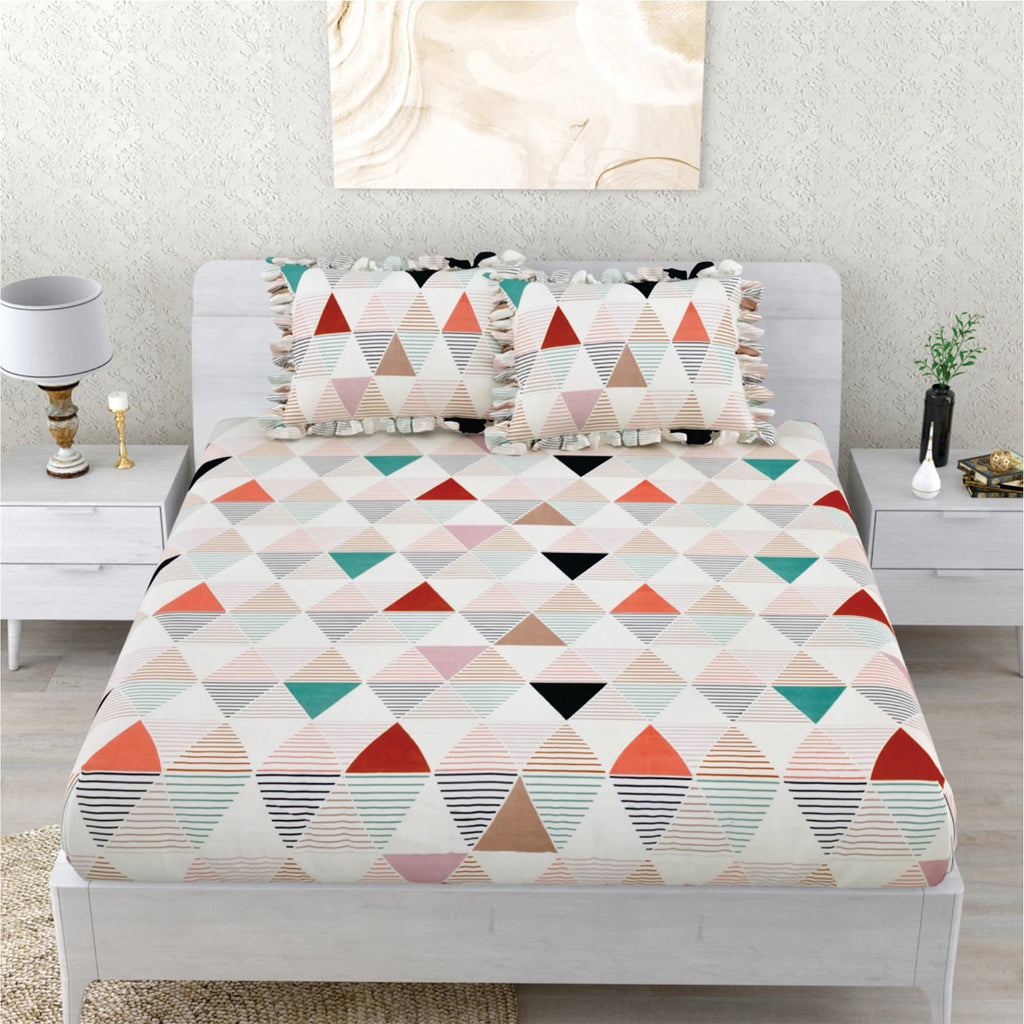 Dream Weaverz Polycotton Double Fitted (Elastic) 260 TC Abstract 1 Bedsheet with 2 Pillow Covers (Multicolor)