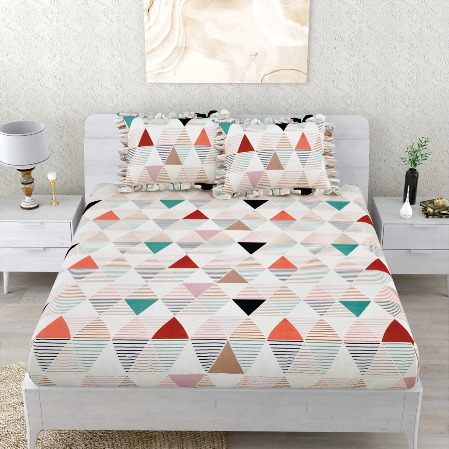 Dream Weaverz Polycotton Double Fitted (Elastic) 260 TC Abstract 1 Bedsheet with 2 Pillow Covers (Multicolor)