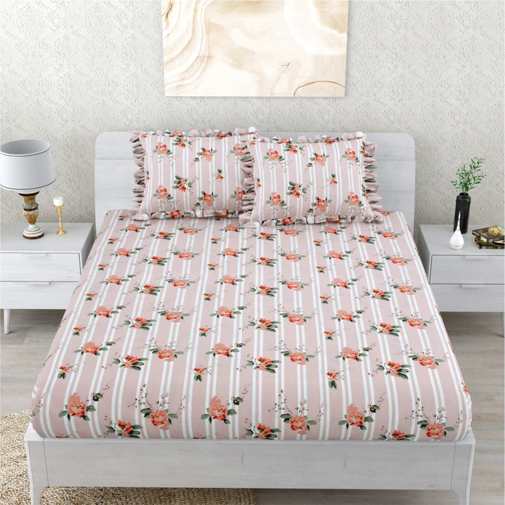 Dream Weaverz Polycotton Double Fitted (Elastic) 260 TC Floral 1 Bedsheet with 2 Pillow Covers (Pink)