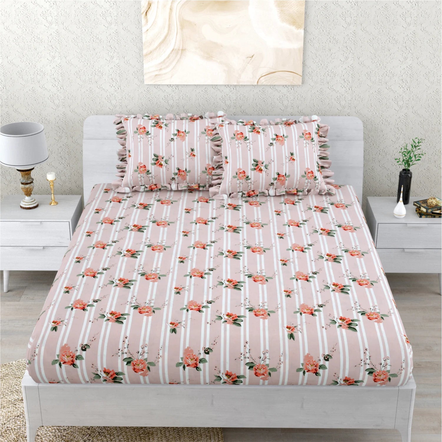 Dream Weaverz Polycotton Double Fitted (Elastic) 260 TC Floral 1 Bedsheet with 2 Pillow Covers (Pink)