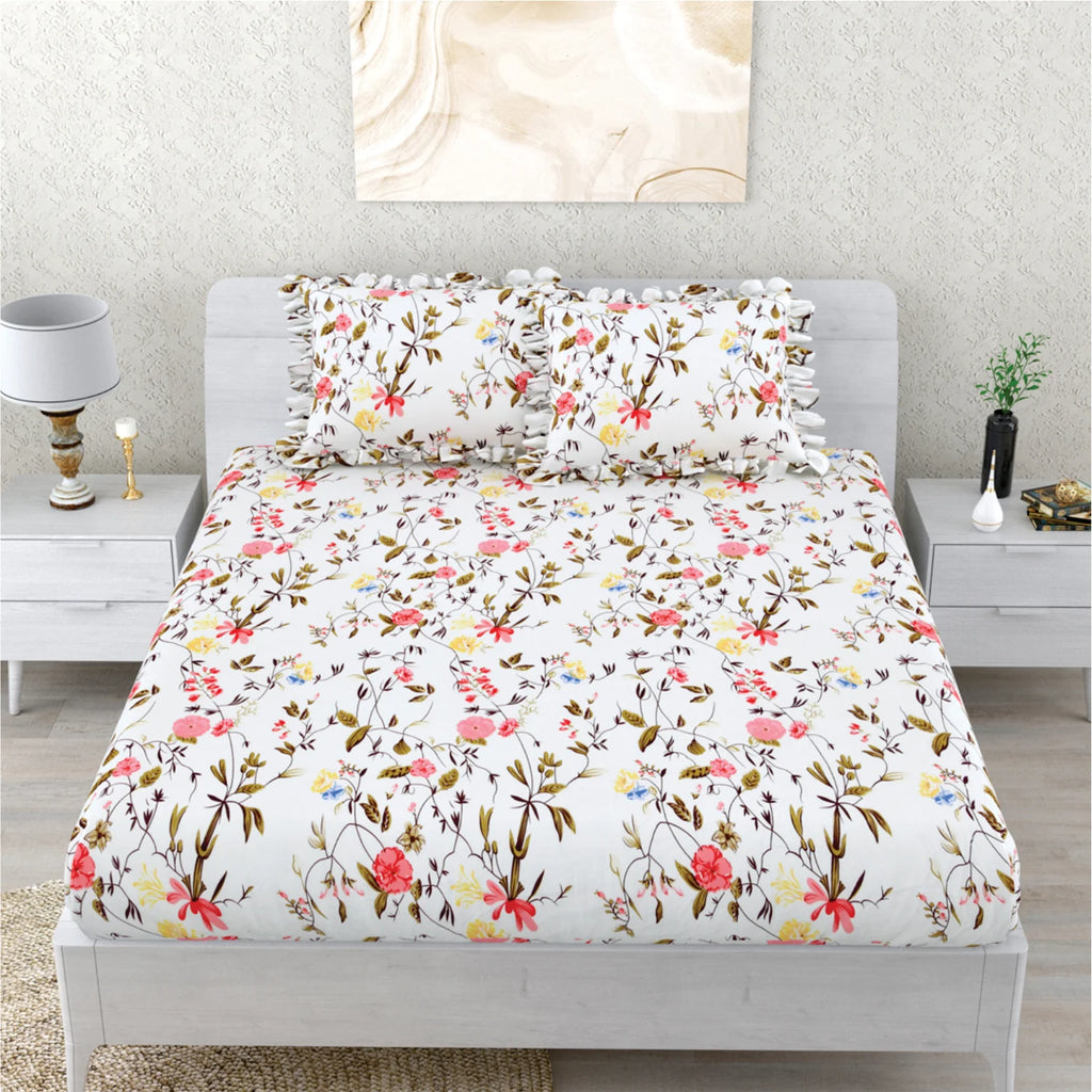 Dream Weaverz Polycotton Double Fitted (Elastic) 260 TC Floral 1 Bedsheet with 2 Pillow Covers (White)