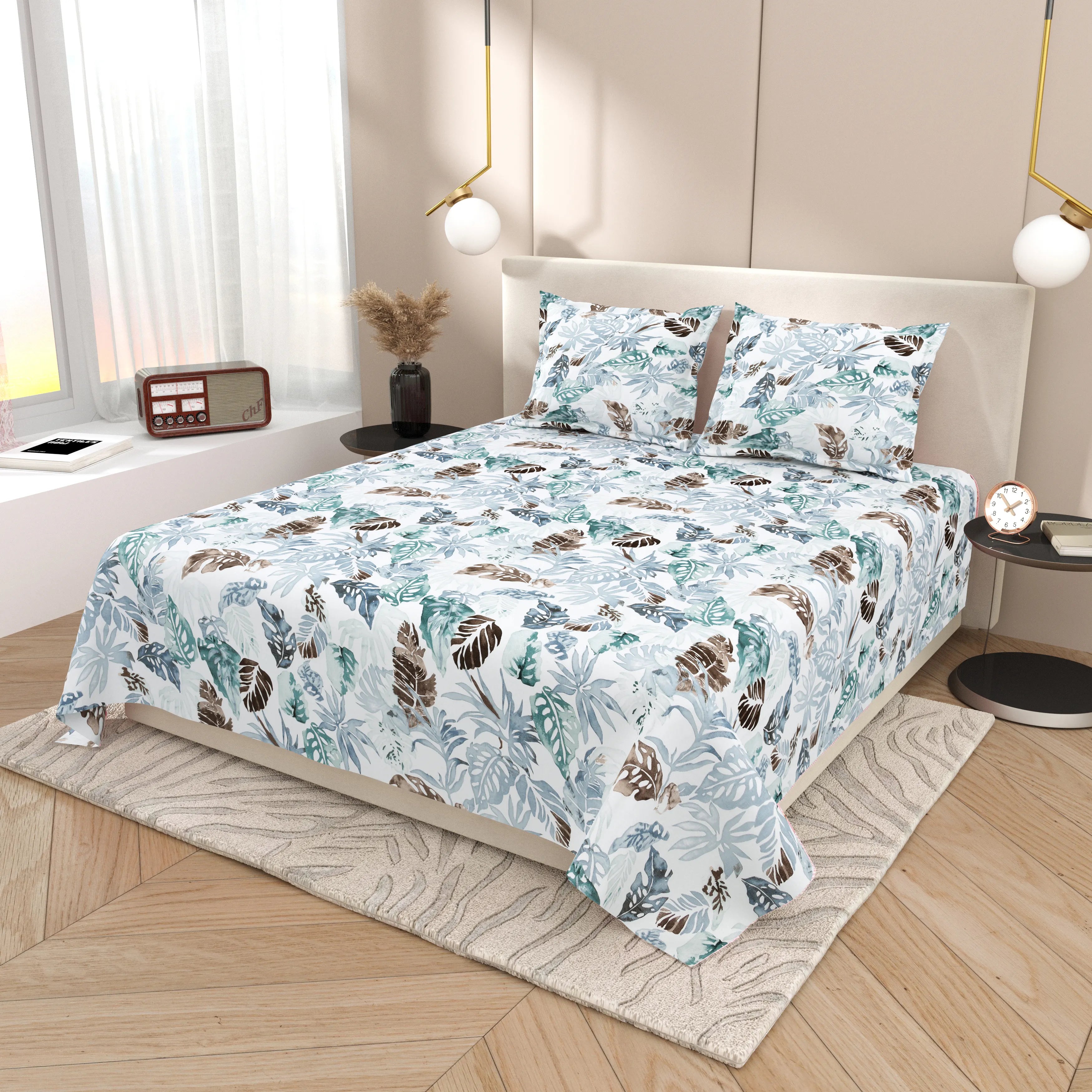 Dream Weaverz Cotton Super King Flat 220 TC Abstract 1 Bedsheet with 2 Pillow Covers (White-blue)