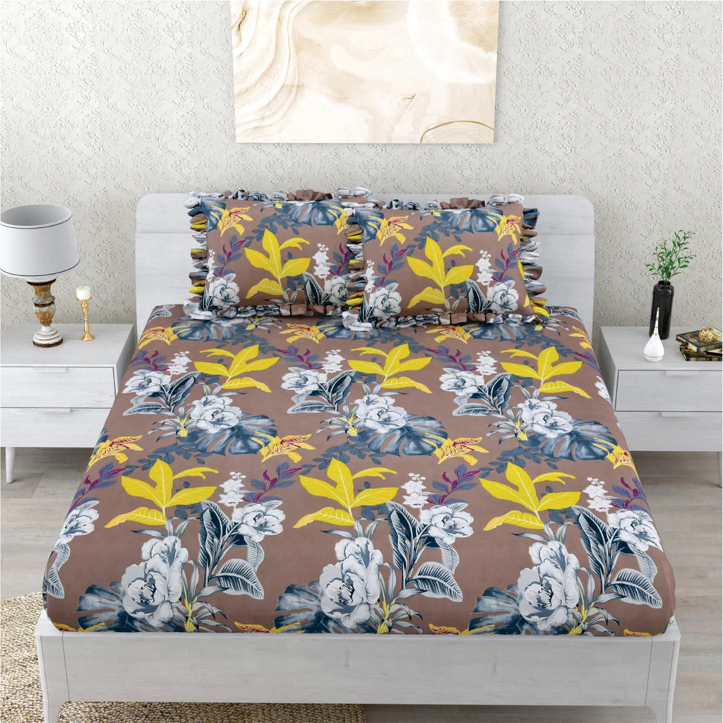 Dream Weaverz Polycotton Double Fitted (Elastic) 260 TC Floral 1 Bedsheet with 2 Pillow Covers (Brown)