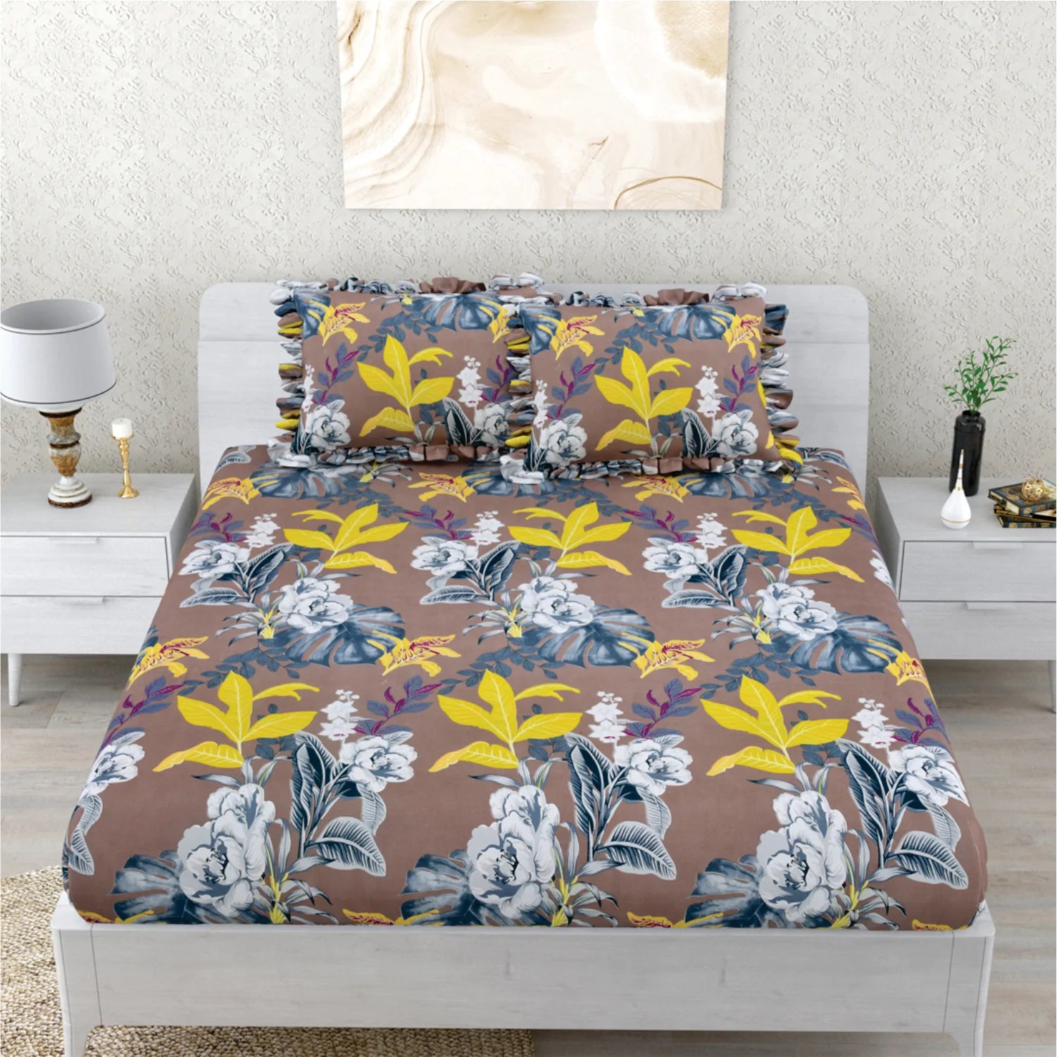 Dream Weaverz Polycotton Double Fitted (Elastic) 260 TC Floral 1 Bedsheet with 2 Pillow Covers (Brown)