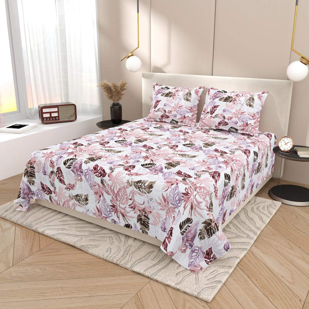 Dream Weaverz Cotton Super King Flat 220 TC Abstract 1 Bedsheet with 2 Pillow Covers (White-Peach)