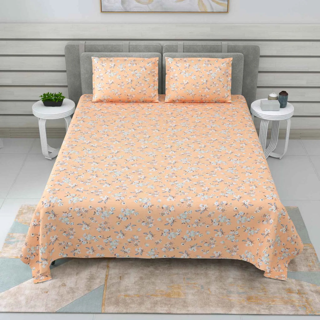 Dream Weaverz Cotton Super King Flat 220 TC Floral 1 Bedsheet with 2 Pillow Covers (Peach-Grey)