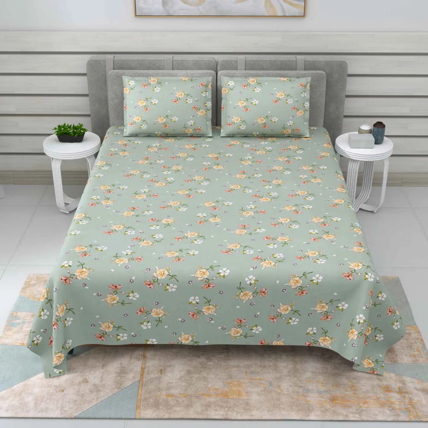 Dream Weaverz Cotton Super King Flat 220 TC Floral 1 Bedsheet with 2 Pillow Covers (Dark Green)