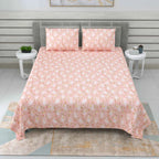 Dream Weaverz Cotton Super King Flat 220 TC Floral 1 Bedsheet with 2 Pillow Covers (Pink-White)