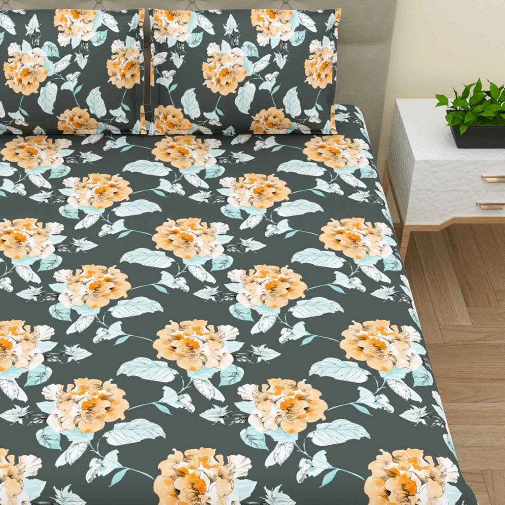 Dream Weaverz Cotton Super King Flat 220 TC Floral 1 Bedsheet with 2 Pillow Covers (Dark Green-Yellow)