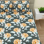 Dream Weaverz Cotton Super King Flat 220 TC Floral 1 Bedsheet with 2 Pillow Covers (Dark Green-Yellow)