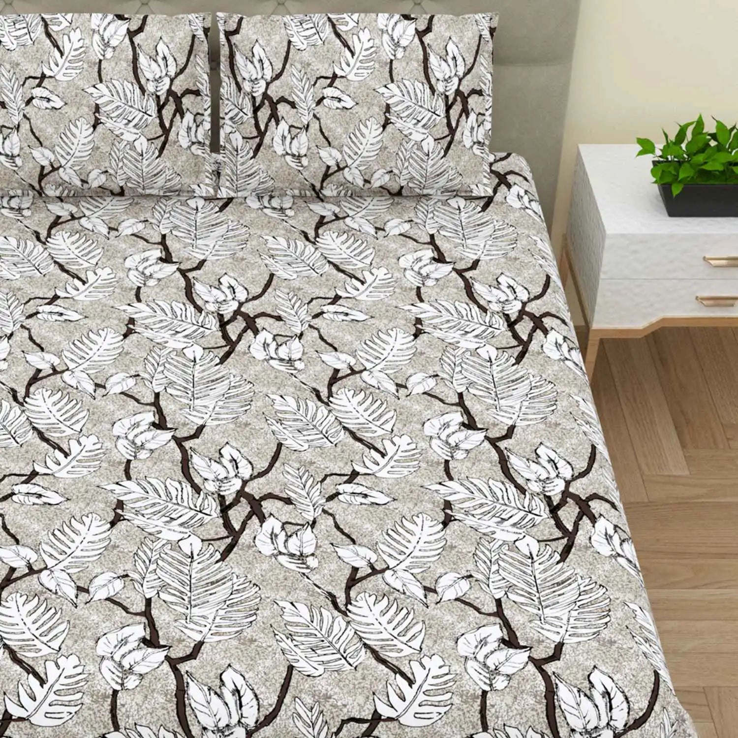Dream Weaverz Cotton Super King Flat 220 TC Printed 1 Bedsheet with 2 Pillow Covers (Dark Grey)