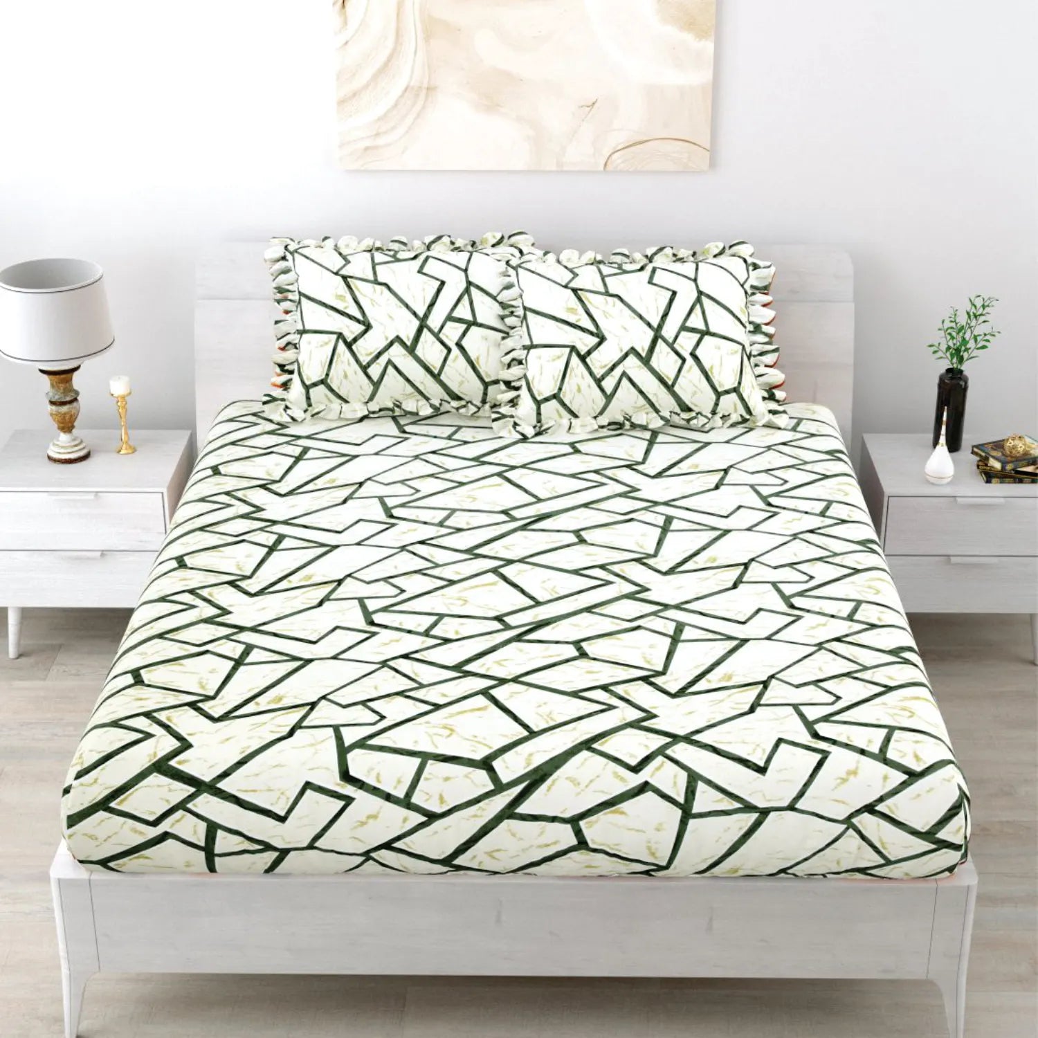 Dream Weaverz Polycotton King Fitted (Elastic) 260 TC Abstract 1 Bedsheet with 2 Pillow Covers (Cream-Green)