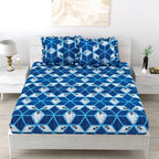 Dream Weaverz Polycotton King Fitted (Elastic) 260 TC Abstract 1 Bedsheet with 2 Pillow Covers (Blue-White)