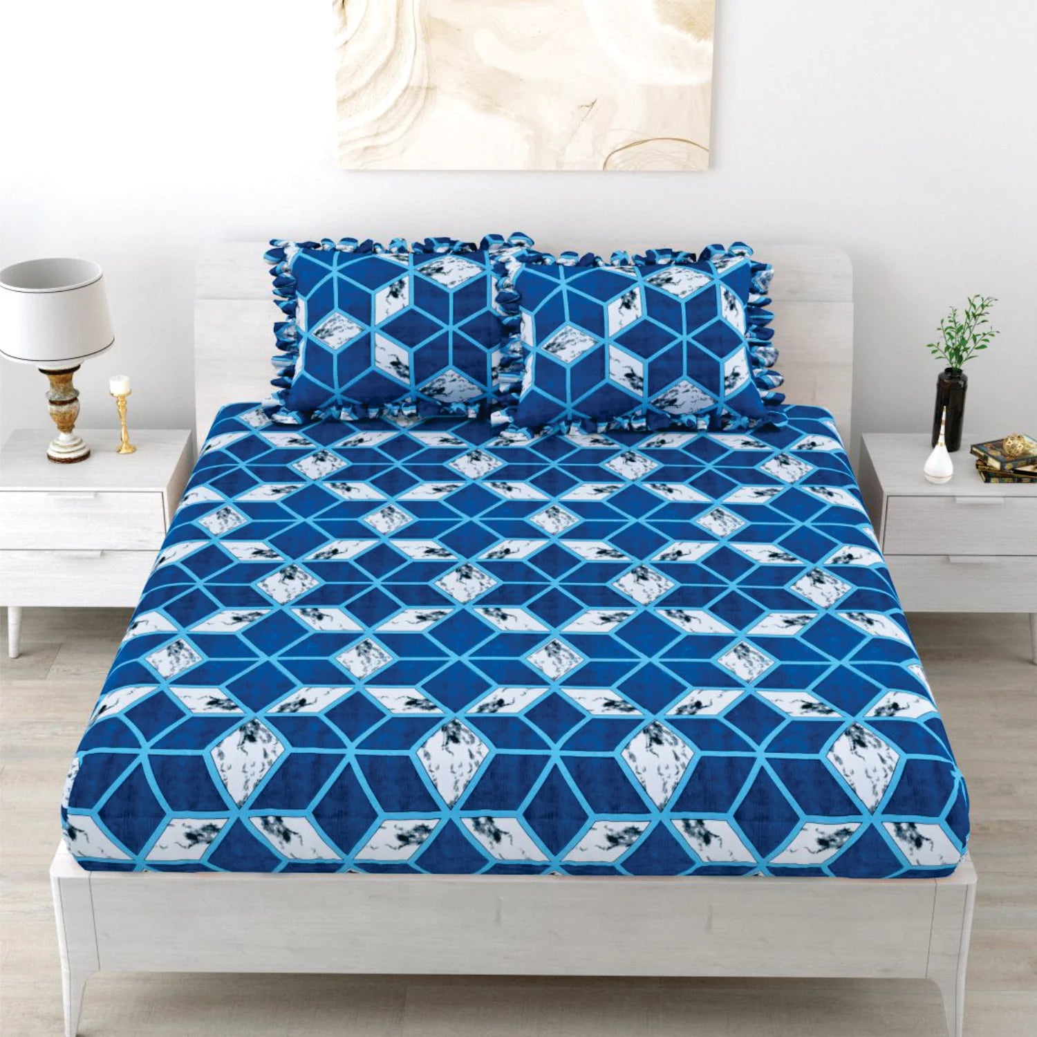 Dream Weaverz Polycotton King Fitted (Elastic) 260 TC Abstract 1 Bedsheet with 2 Pillow Covers (Blue-White)