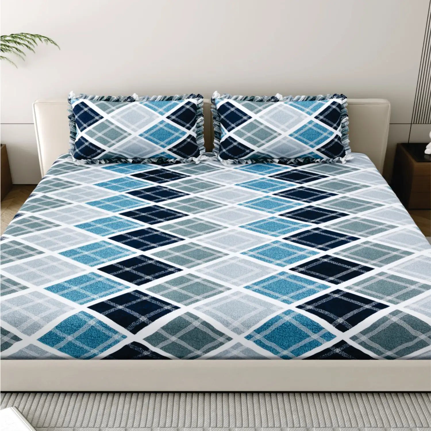 Dream Weaverz Polycotton King Fitted (Elastic) 260 TC Abstract 1 Bedsheet with 2 Pillow Covers (Grey-Green)