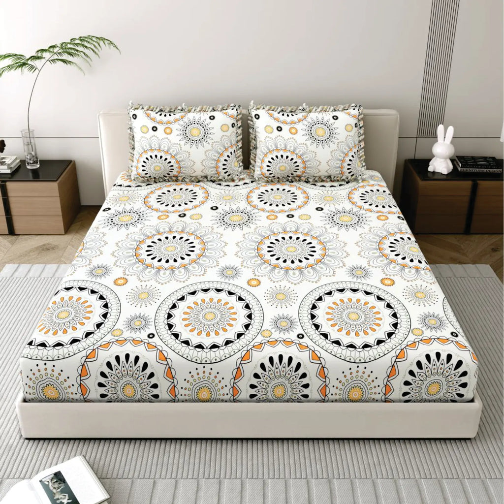 Dream Weaverz Polycotton King Fitted (Elastic) 260 TC Abstract 1 Bedsheet with 2 Pillow Covers (Off white)