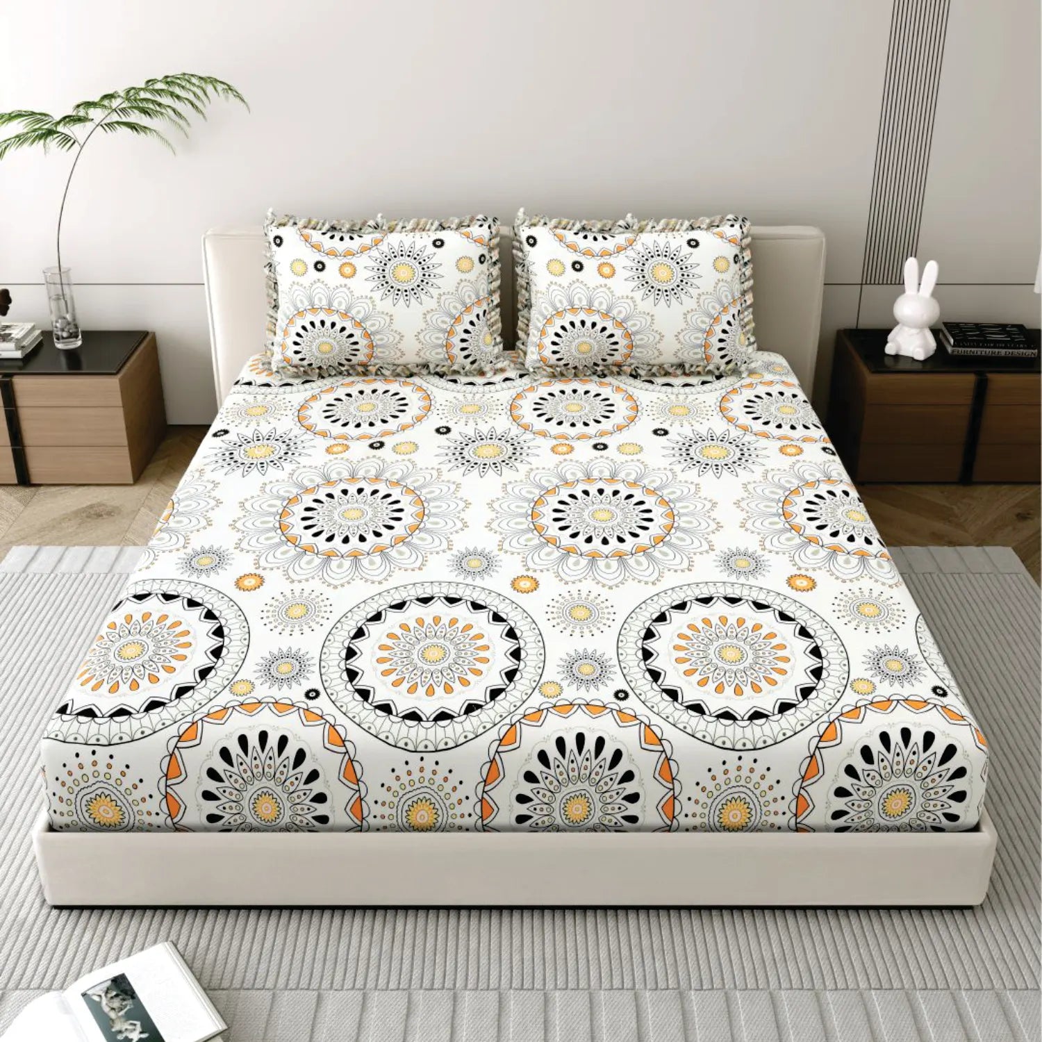 Dream Weaverz Polycotton King Fitted (Elastic) 260 TC Abstract 1 Bedsheet with 2 Pillow Covers (Off white)
