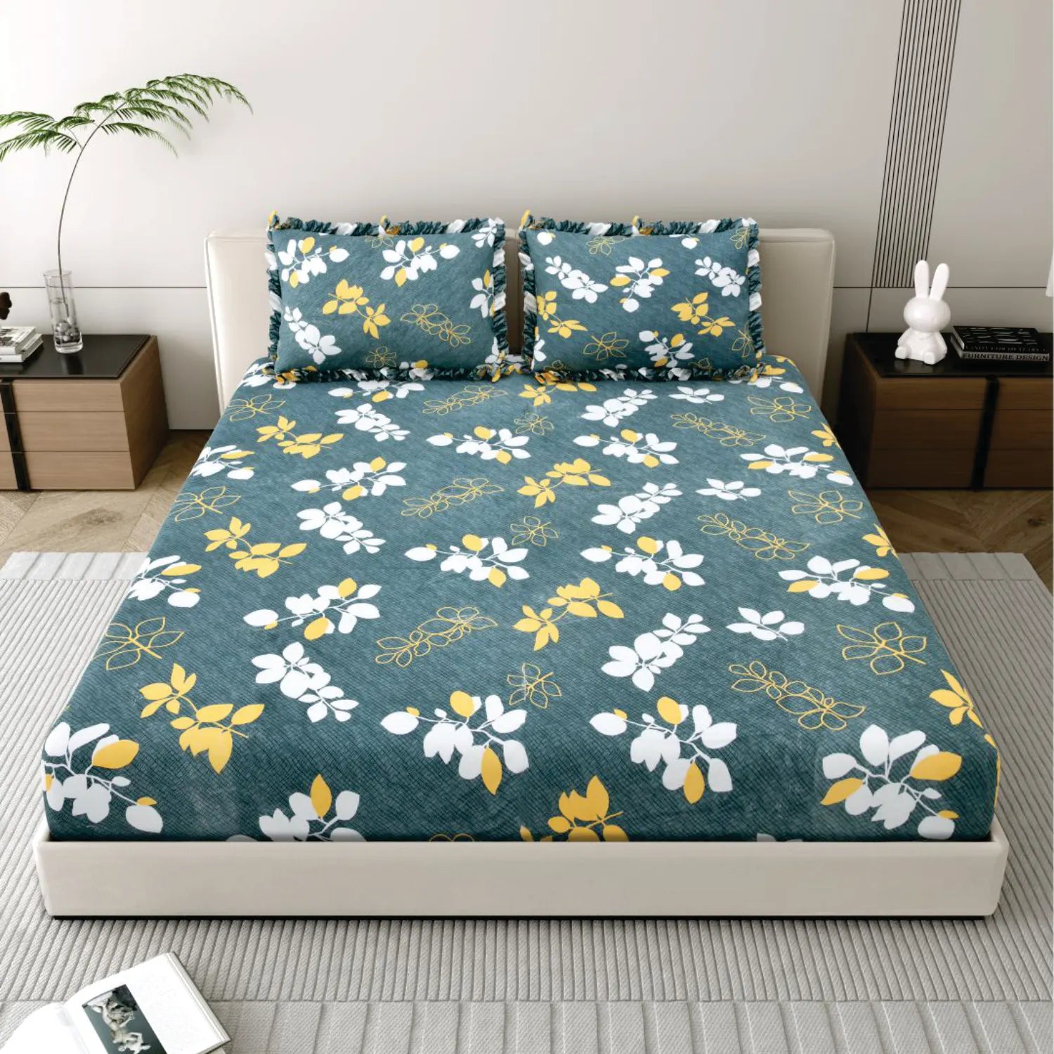Dream Weaverz Polycotton King Fitted (Elastic) 260 TC Floral 1 Bedsheet with 2 Pillow Covers (Dark Green-White)