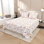 Dream Weaverz Cotton Super King Flat 220 TC Floral 1 Bedsheet with 2 Pillow Covers (White-Pink)