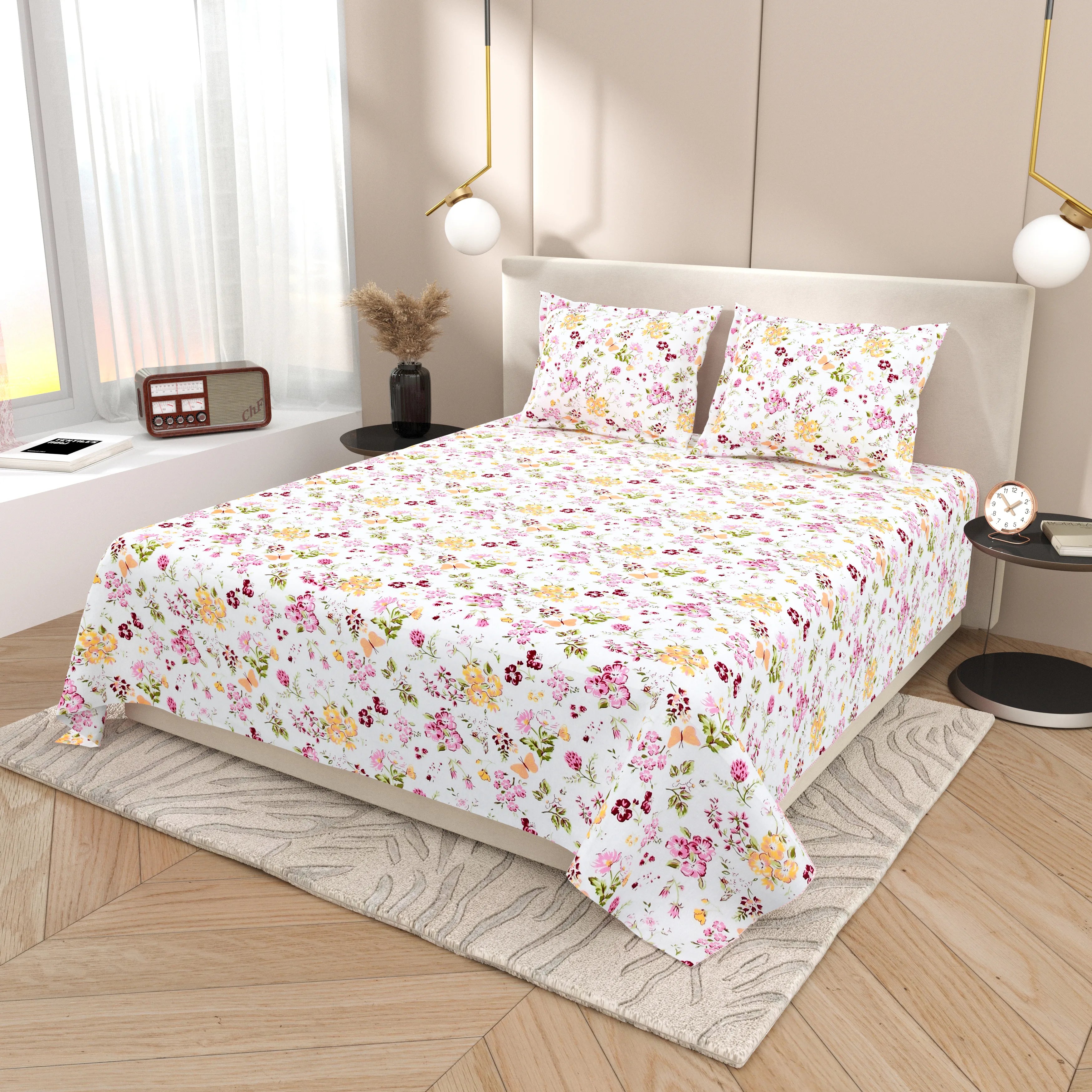 Dream Weaverz Cotton Super King Flat 220 TC Floral 1 Bedsheet with 2 Pillow Covers (White-Pink)