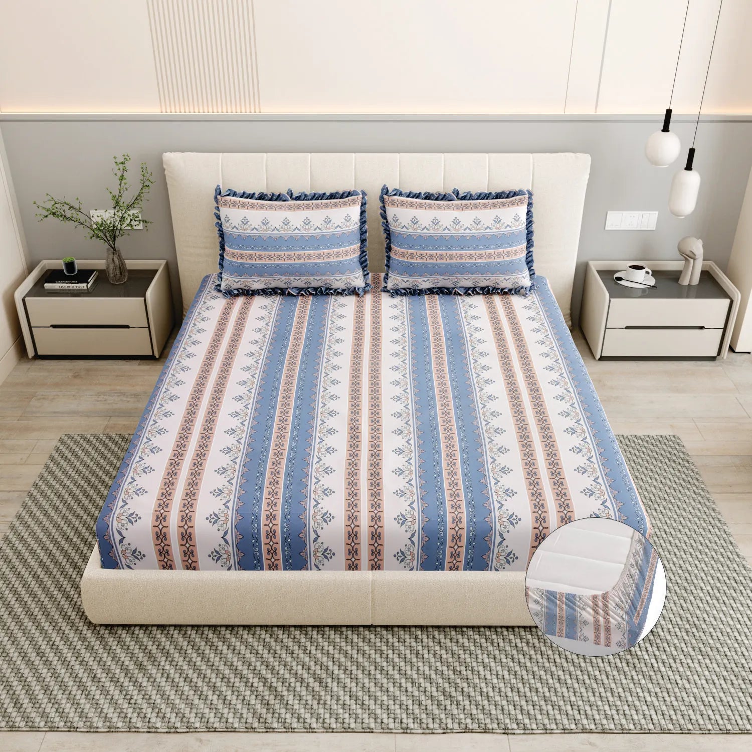 Dream Weaverz Polycotton King Fitted (Elastic) 260 TC Floral 1 Bedsheet with 2 Pillow Covers (Beige-Blue)
