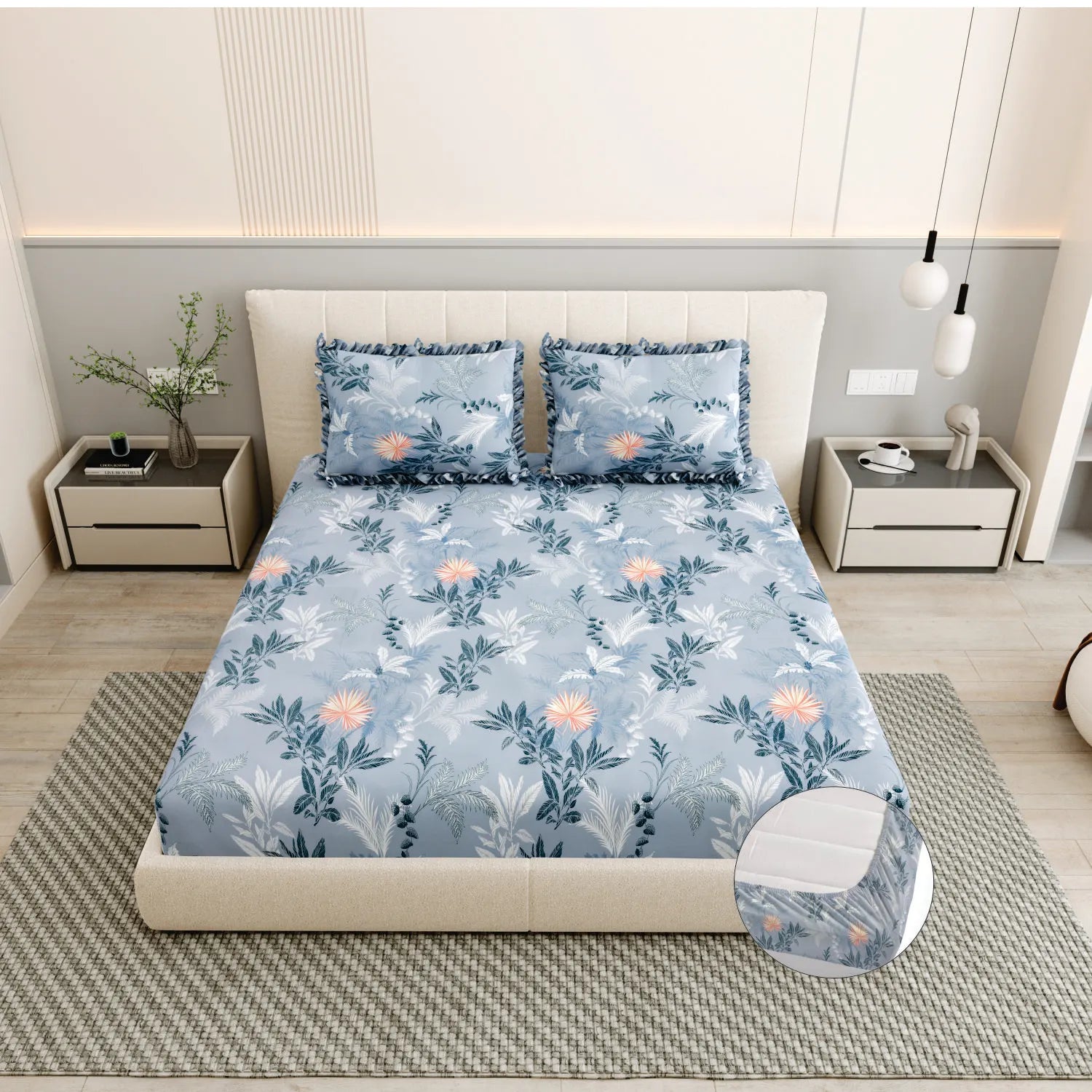 Dream Weaverz Polycotton King Fitted (Elastic) 260 TC Floral 1 Bedsheet with 2 Pillow Covers (Dark Grey-Orange)